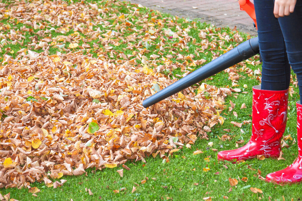 Vrouw met bladblazer in tuin