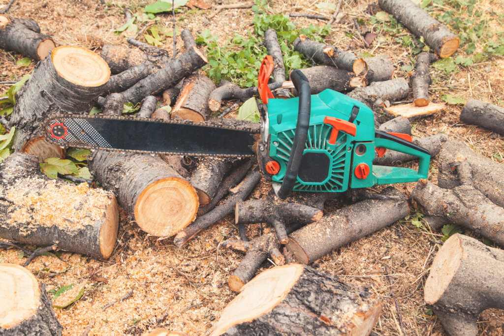 benzinekettingzaag tussen gezaagd hout