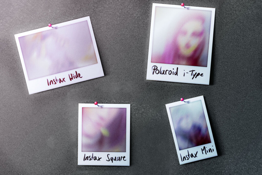 Een grafiek met de verschillende formaten instant foto's: Instax Wide, Instax Square, Polaroid i-Type en Instax Mini.